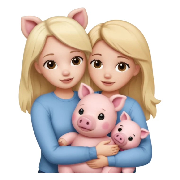 Girlfriends, one blonde and one brunette, hugging each other with a teddy bear and a little pig sticker