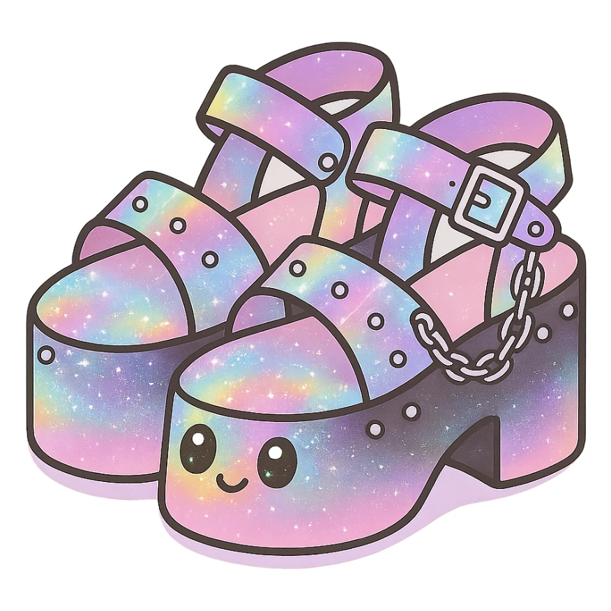 Add a holographic effect to the black-to-pastel pink gradient platform sandals with silver studs and chains, subtle glitter, kawaii style, no socks, no hearts, transparent background sticker