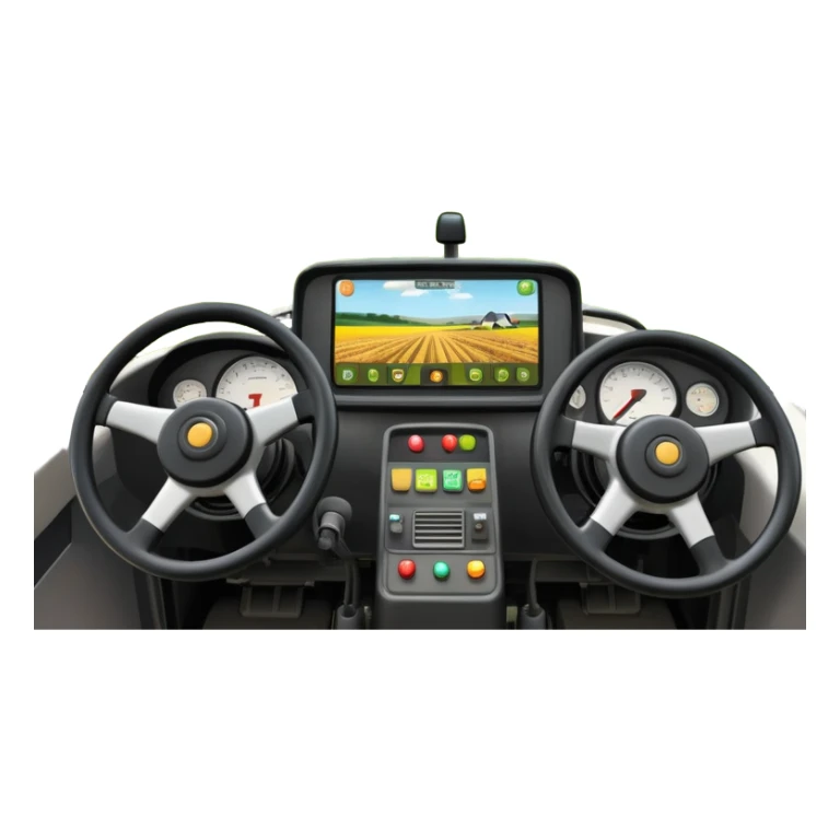 a view from the tractor cabin, with the dashboard in focus, overlooking a vibrant rural landscape. Inspired by Farming Simulator 22, the scene includes fields, crops, and distant barns under a bright sky. The design highlights the immersive experience of farm management. transparent background sticker