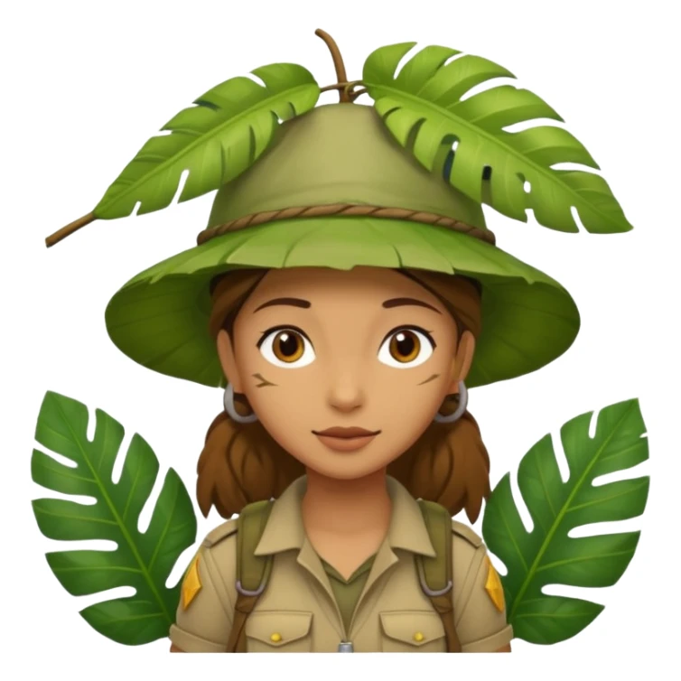 a young female explorer with jungle wearing a large leaf headgear bye and magnificer  sticker