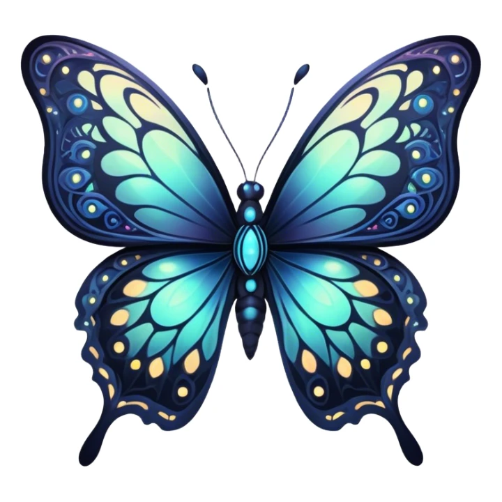 Dark, glowing, bio-luminescent butterfly, with intricate patterns, detailed markings sticker