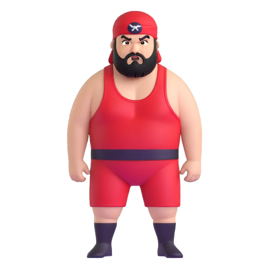 White skin fat guy with black durag, black beard, black eyes in a red and black wrestling singlet with angry face sticker
