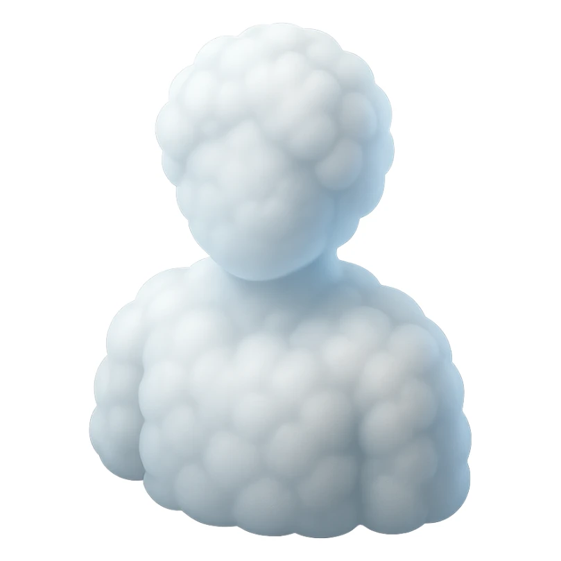 front view, person shoulder length, body and head made of white fluffy convex clouds, matte glass style sticker