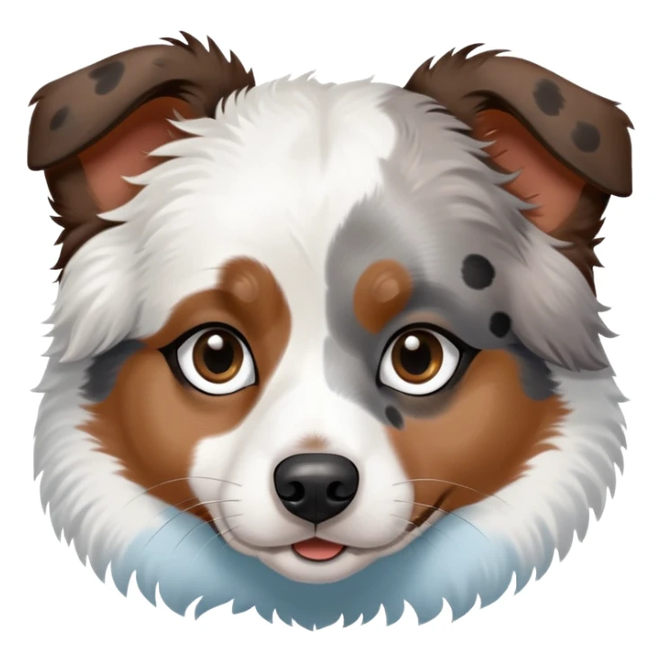 A mini Australian shepherd with white hair and black spots over her eyes. She is just black and white, no brown. One eye is light blue, and the other is brown sticker