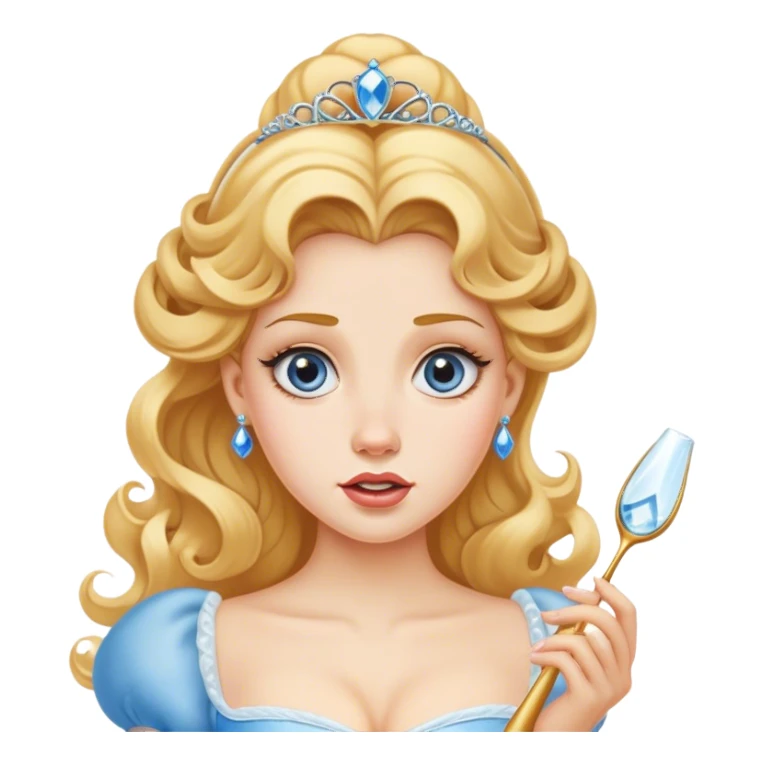 Cinematic Funny Cinderella Portrait Emoji, Stunned expression as she holds a glass slipper much too big, one eyebrow raised, golden curls slightly messy, a mix of royal grace and unexpected humor, capturing a lighthearted twist on her fairy tale moment! sticker