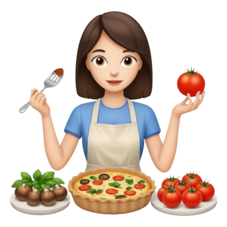 a brunette girl is making a quiche with mushrooms and tomatoes sticker
