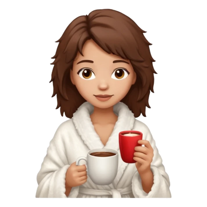 {
      "type": "human",
      "look": "fluffy robe woman, messy hair, holding cup of cocoa",
      "description": "a woman in a fluffy robe with messy hair, holding a cup of cocoa"
    } sticker