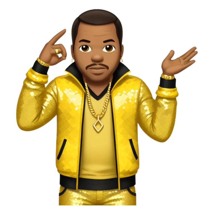 Busta Rhymes with dark brown hair, yellow sequin outfit sticker