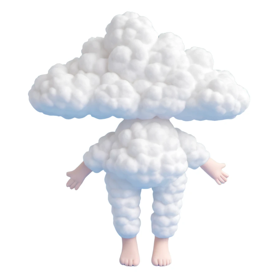 flying person with body and limbs made of small white fluffy clouds, convex texture, minimalist, no background sticker