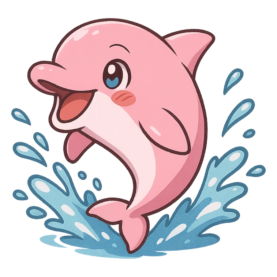 pink dolphin swimming joyfully, splashing water, big smile, anime style, transparent background, 128x128 pixels sticker
