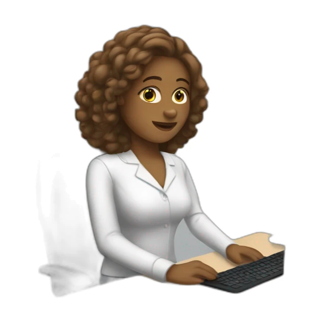 A white female working in front of a computer sticker