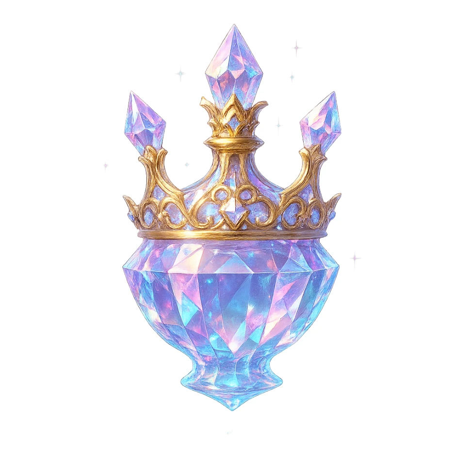 very luxurious crystal crown-shaped elixir bottle, pastel gradient, lots of glowing highlights, facets, ornaments, golden details, magical effects, very small golden neck, transparent background, beautiful merging base, clearly floating in air, no base or shadow, premium class, interesting, fits collection sticker