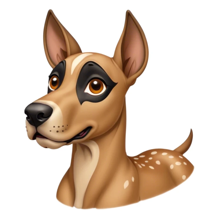 Cinematic Comical Fawn Great Dane Portrait Emoji, Head tilted dramatically with an exaggeratedly amused expression, featuring a sleek fawn coat with a subtle dark mask, wide, expressive amber eyes filled with playful disbelief, Simplified yet hilariously expressive features, highly detailed, glowing with a slightly sassy glow, high shine, dramatic yet playful, stylized with an air of cheeky mischief, bright and endearing, soft glowing outline, capturing the essence of a spirited and over-the-top guardian, so meme-worthy it feels like it could side-eye its way into internet fame instantly! sticker