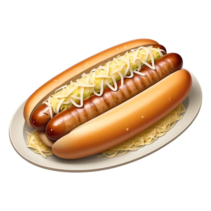 Bratwurst Cinematic Realistic Bratwurst Dish Emoji, depicted as a grilled bratwurst topped with a generous serving of shredded sauerkraut, rendered with rich textures and dynamic, appetizing lighting. sticker