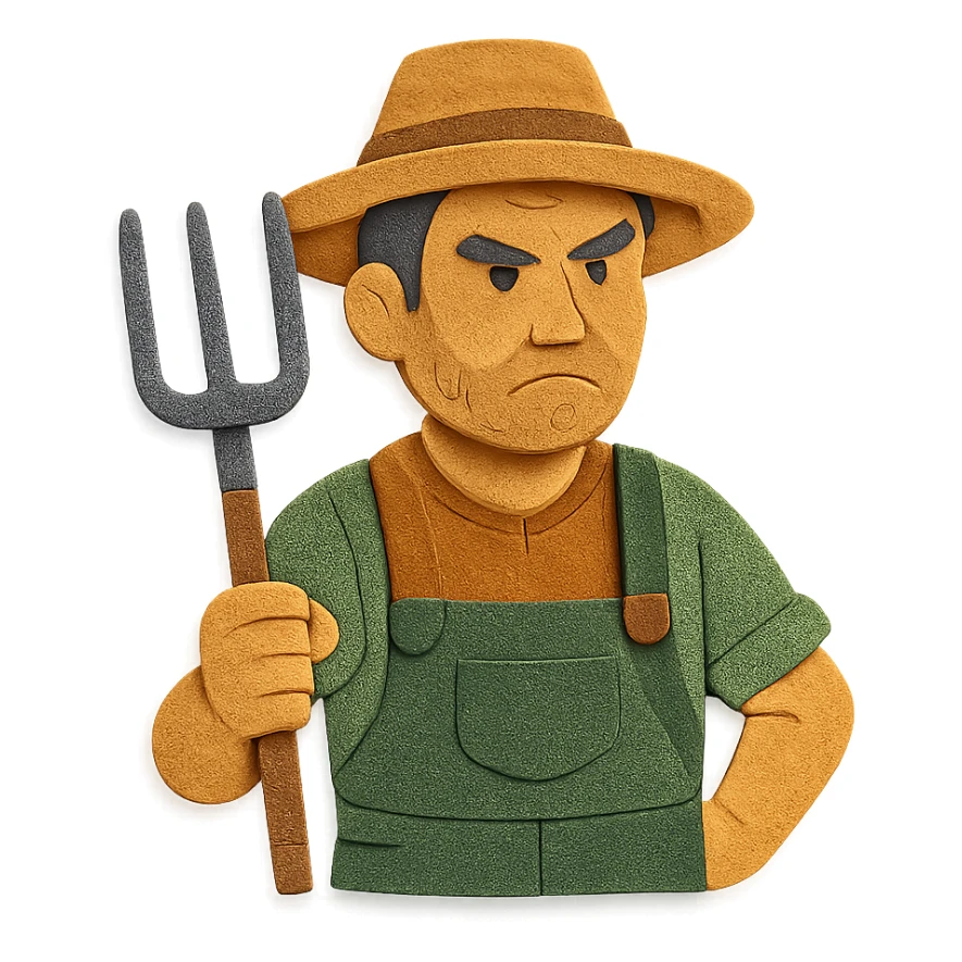 paper craft style illustration of a determined middle-aged farmer, sun-bleached face, black hair, stubble, green trousers, suspenders, green T-shirt, straw hat, holding pitchfork, warm golden-brown textured background, bold lines, vibrant earth tones, rural America sticker