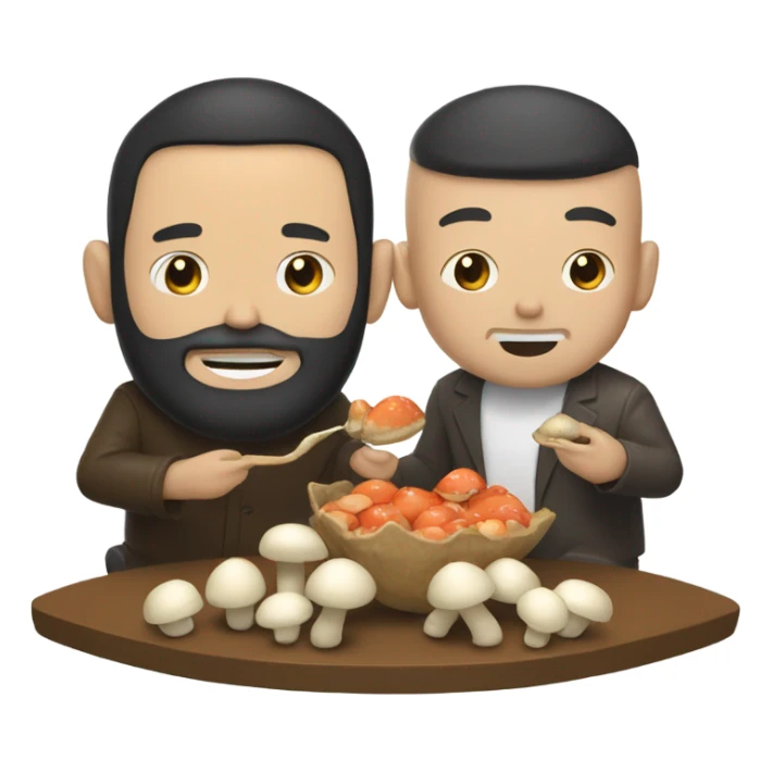 Bald bearded white man and wavy black haired Asian man eating mushrooms sticker