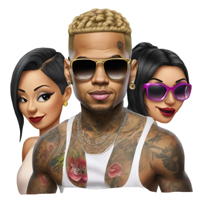 Hyper Realistic Chris Brown  wearing sunglasses with 2 female tattooed dancers sticker