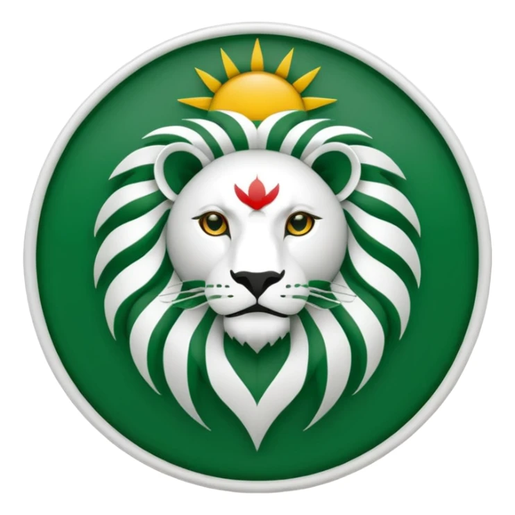 Minimalist black and white emblem emoji, inspired by the Faravahar symbol. Centered Lion and Sun emblem of Iran colored in green, white, and red like the Iranian flag. Circular design, clean simple lines, suitable for small size sticker