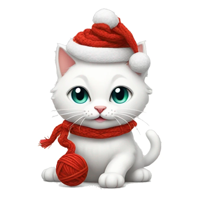 white cat wearing a christmas hat playing with a ball of red yarn sticker