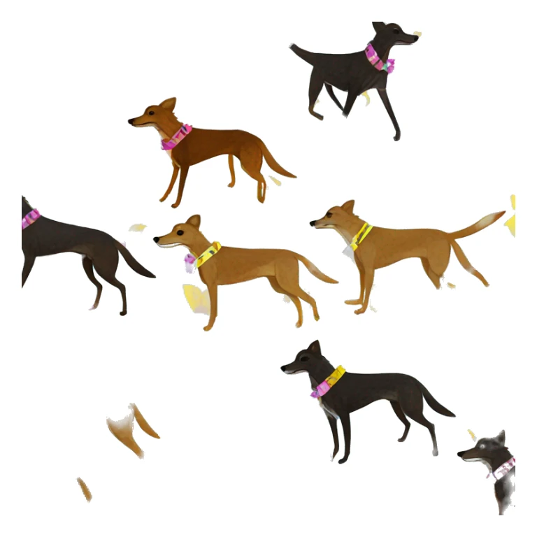  brindle brown black maroon striped lurcher Alsatian fox running blue eyes and iridescent holographic oilslick harness wearing paper iridescent tropical flower crown yellow caution tape sticker