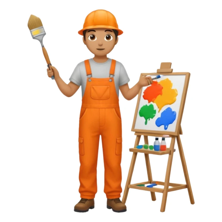 painter in orange overalls standing full body facing away sticker