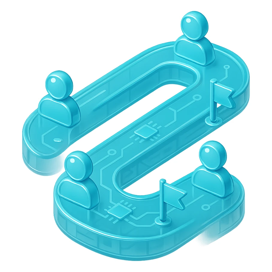 Flat icon of a winding path with user avatars and milestones, cyan blue sticker