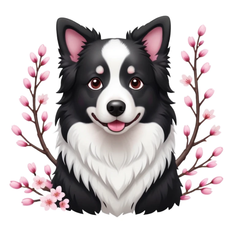 A cute  little  Black and white Border Collie and cherry blossom sticker