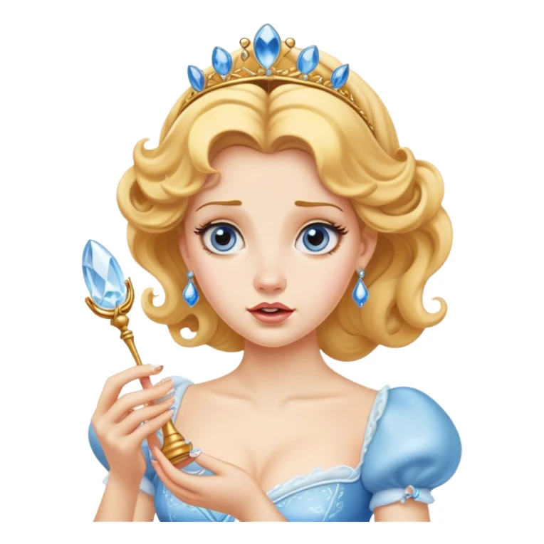 Cinematic Funny Cinderella Portrait Emoji, Stunned expression as she holds a glass slipper much too big, one eyebrow raised, golden curls slightly messy, a mix of royal grace and unexpected humor, capturing a lighthearted twist on her fairy tale moment! sticker