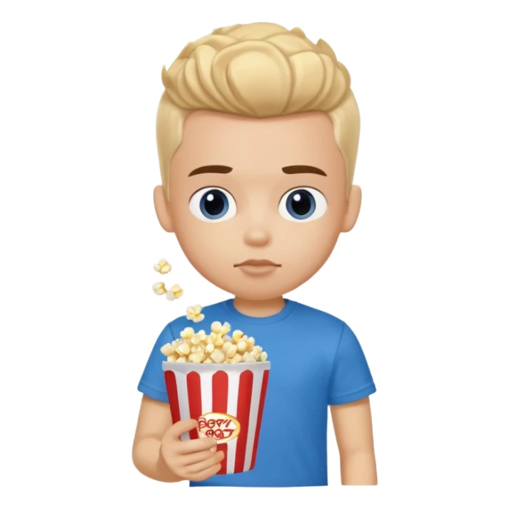 generate a pretty fair bratz boy with a blue tshirt on. eating popcorn sticker