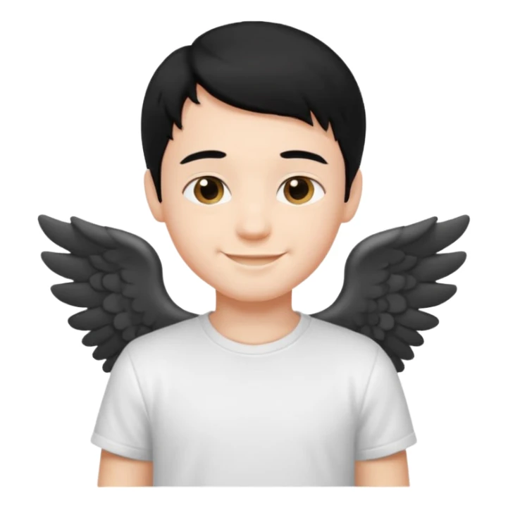 angelic boy with black hair and a white t-shirt, smiling sticker