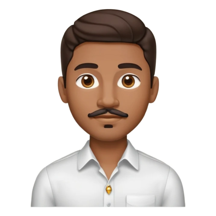 Apple-style emoji of young man with medium brown skin, mixed-race ethnicity, long wavy dark brown hair with perfect center part, cartoon-like stylized appearance, mustache separated from goatee, medium brown eyes, small diamond stud earrings, head only with no shoulders or neck sticker