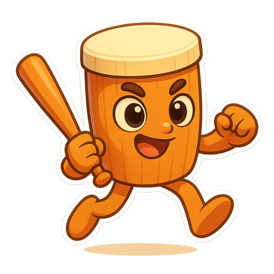 square image of absurd wooden stick-man creature, drum-like cylindrical body, holding baseball bat, cartoon style, bright vivid colors, dynamic pose,  sticker