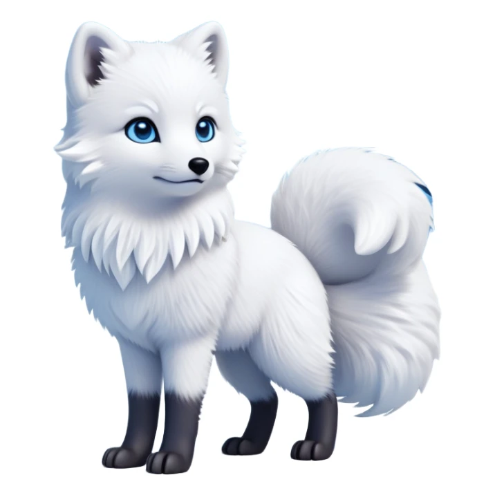 cinematic-arctic-fox-realistic-full-body-standing-emoji,-fluffy-tail-curled-slightly-around-its-paws,-thick-pure-white-fur-blending-into-the-snowy-landscape,-head-tilted-dramatically,-bright-blue-eyes-glistening-with-intelligence,-simplified-yet-realistic-focused-features,-highly-detailed,-glowing-with-an-almost-sarcastic-glow expressive eyes sticker