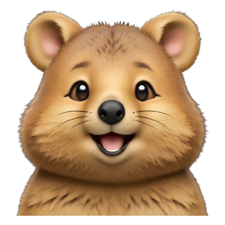 cinematic-realistic quokka-emoji,-small-round-frame, head tilted in an endearing manner, comical smile, round cheeks, giant-fluffy-cheeks-large-smile-fluffy-brown-fur-radiating-a-warm-softness,-big-round-eyes-filled-with-joy, realistic round  fluffy zoomed in, large black eyes one paw raised  sticker