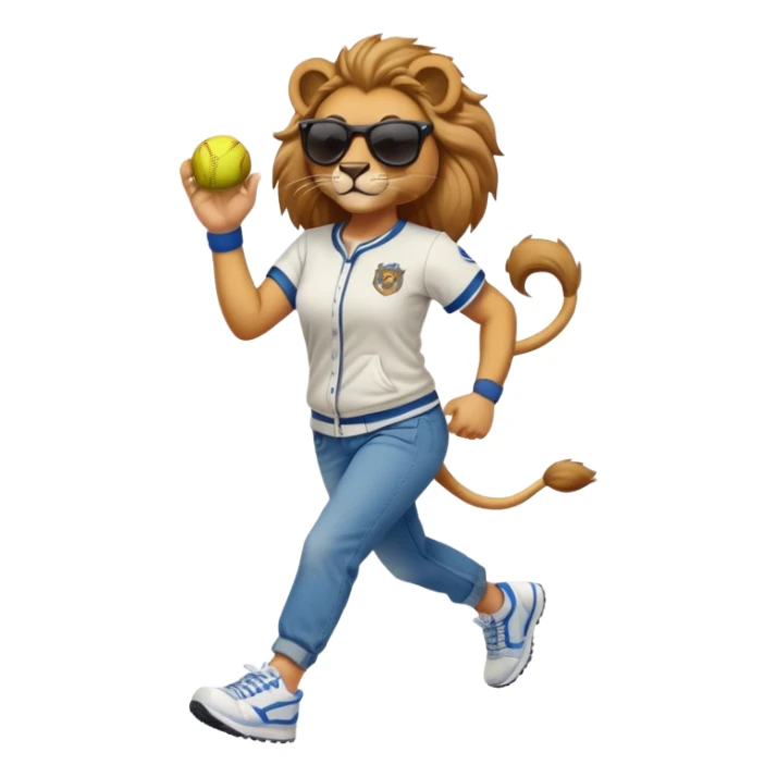 friendly anthropomorphised female lion wearing a baseball shirt, jeans, trainers, dark sunglasses, jogging upright, dominant confident expression sticker