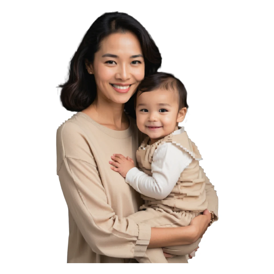 A happy mother with a child in beige clothes sticker