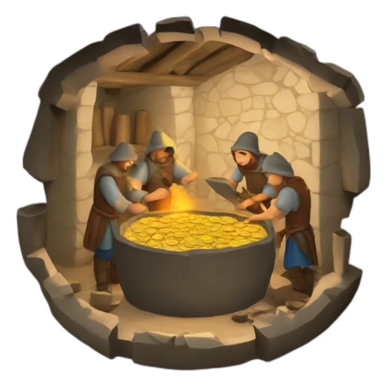 inside of a medieval mint showing different people working creating coins with a furnace sticker