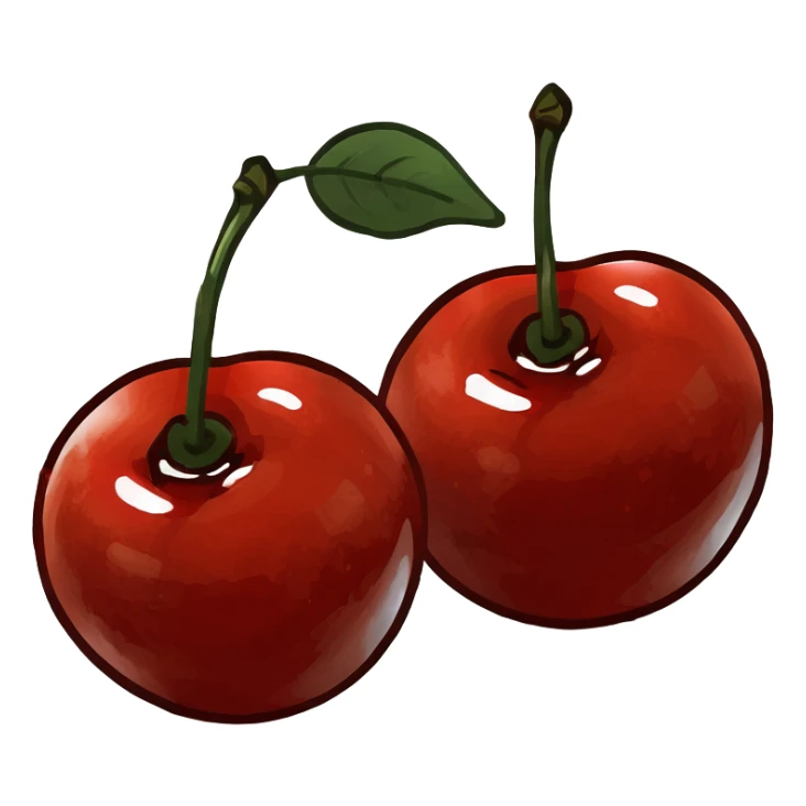 3D style two shiny red cherries hanging from a wooden branch with small green leaves sticker