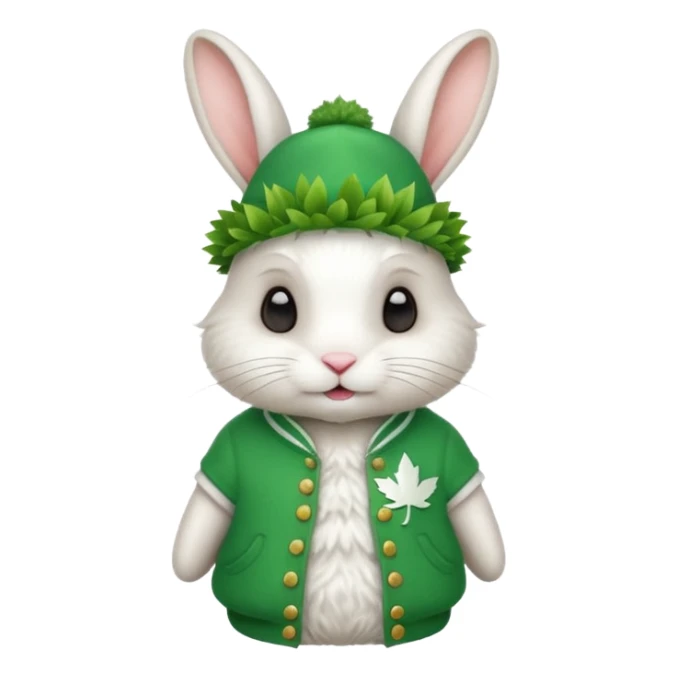 A rabbit that has a leaf hat and a green jersey sticker