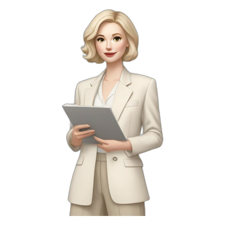 pale skin woman with ash blonde Straightened bob Hair, White Spacious classical jacket, beige palazzo Arrow pants and gray blouse holding a color palette in the hands sticker