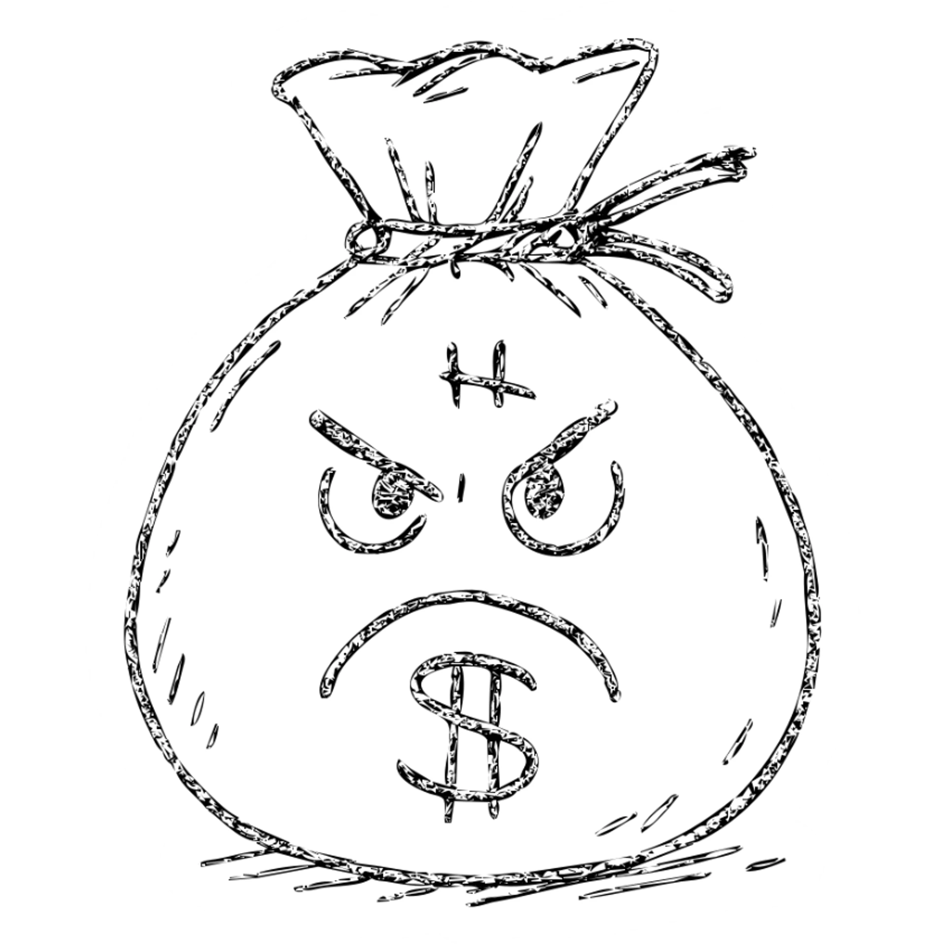 hand drawn outlined angry bag of money icon sticker