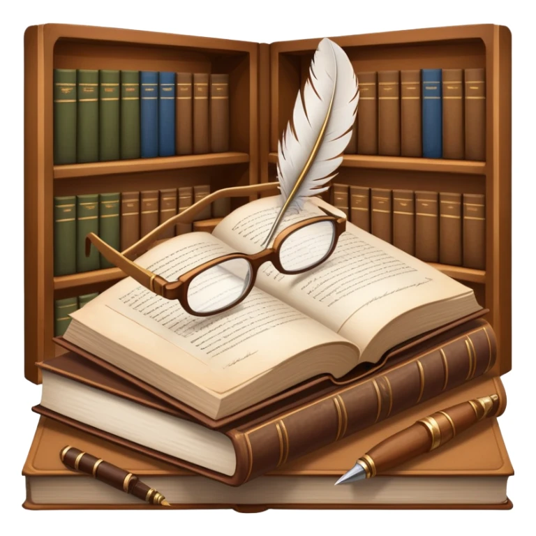 An icon featuring an open book with classic text, a feather quill, and reading glasses, symbolizing literary studies. The design includes old library shelves and vintage manuscripts in the background. Transparent background emphasizes the deep analysis of written works and literary history. sticker