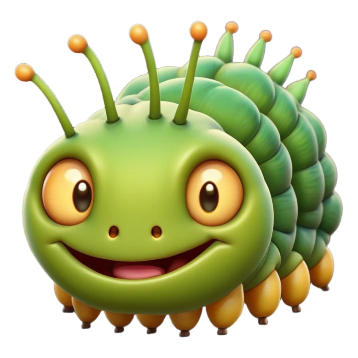 Cinematic Cheeky Caterpillar Portrait Emoji, Head tilted dramatically with an exaggeratedly surprised expression, featuring a tiny, wiggly body with wide, comically expressive eyes full of playful wonder and animated, curving segments, Simplified yet hilariously expressive features, highly detailed, glowing with a slightly sassy natural glow, high shine, dramatic yet playful, stylized with an air of cheeky woodland mischief, soft glowing outline, capturing the essence of a meme-worthy caterpillar that looks ready to wiggle its way into viral fame! sticker