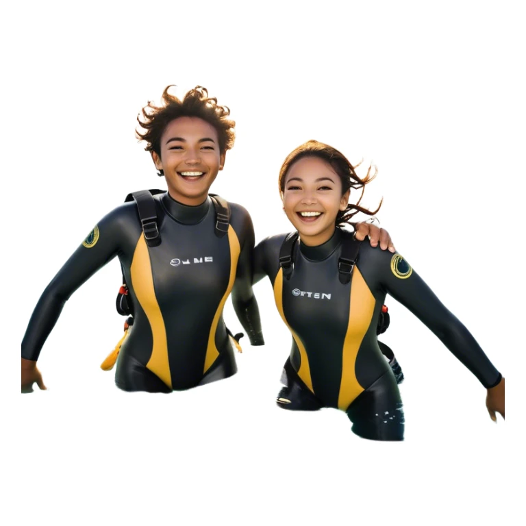 Two friends, as sea explorers, splash each other in the ocean, laughing as their eyes lock in pure joy and appreciation. The sun glistens on the water, highlighting their deep connection and the simple happiness of the moment.  sticker