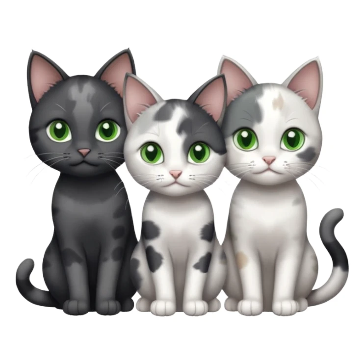 3 different coloured small cats including a dark grey and white, and a patchy calico and a completely solid dark grey with green eyes and only white paws sticker