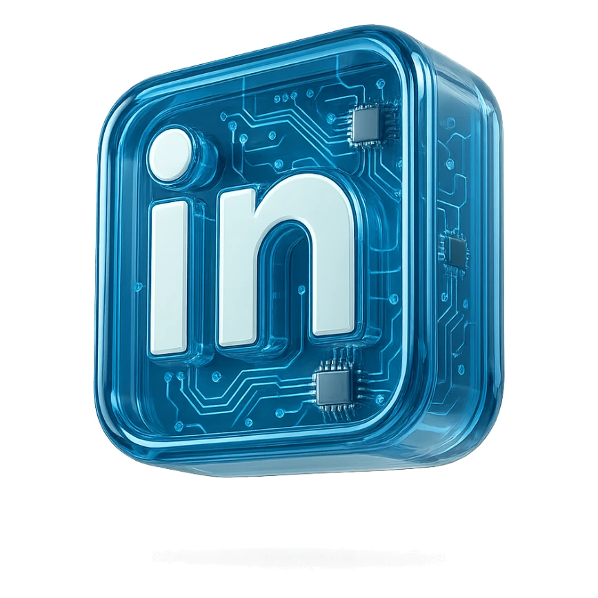 LinkedIn logo, modern and tech-inspired, glossy circuit style, transparent background sticker