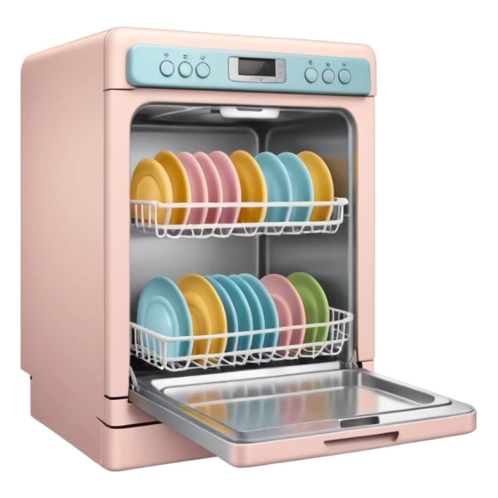 claymation style dishwasher with open door and clean dishes inside, pastel colors, visible fingerprints, soft matte finish sticker
