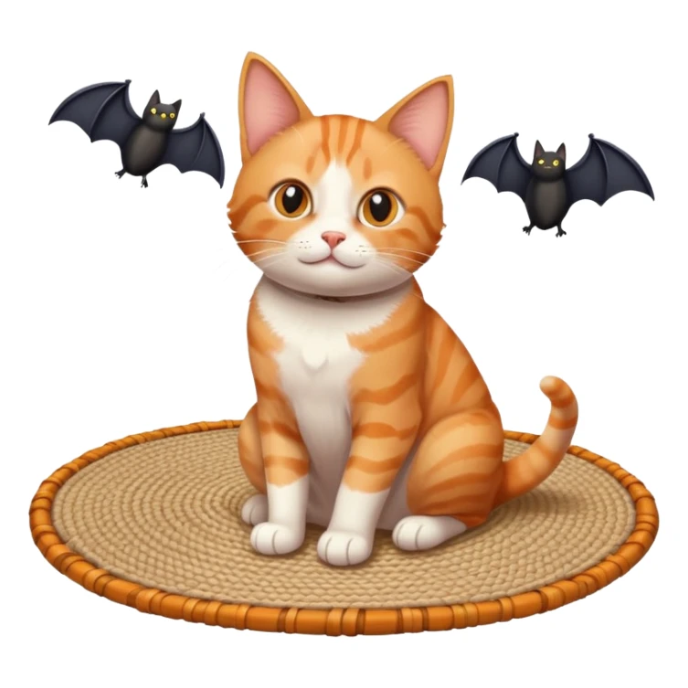 cat sitting on a mat with two bats flying nearby sticker