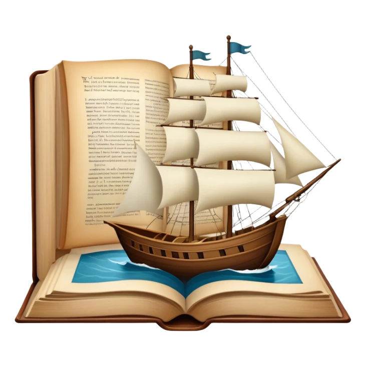 Icon for Reading Fiction: a large open book with pages turning, Musketeers on horseback, Sherlock Holmes and other literary elements, a sailboat sailing across the pages. The icon should evoke the adventurous spirit of storytelling. Transparent background. sticker