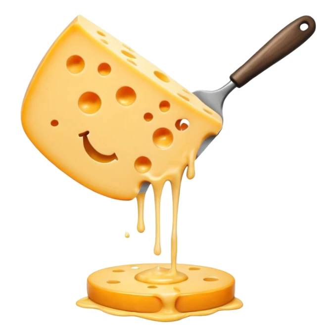 a half vertical  wheel of cheese being scraped with a metal spatula, melted cheese flowing, warm golden colors, modern emoji style, clean outlines, transparent background sticker